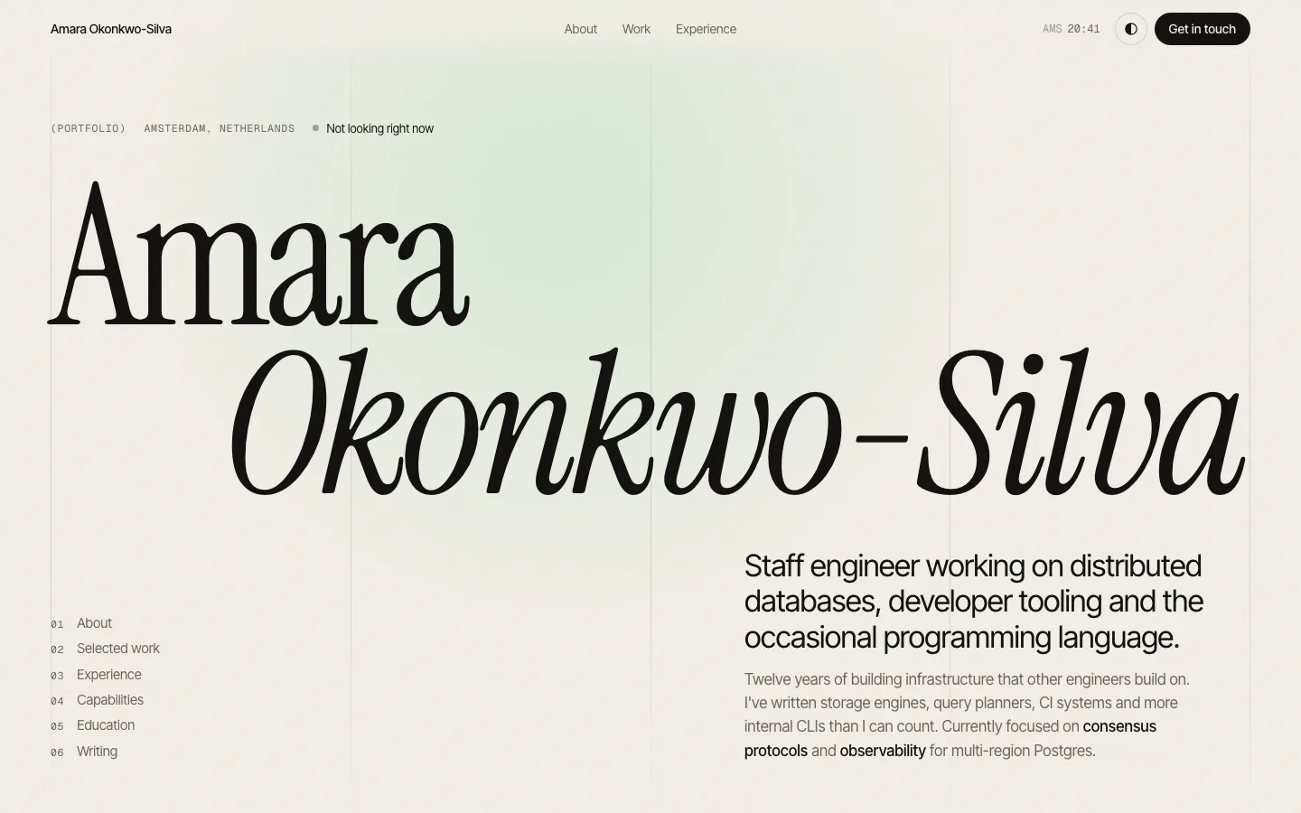 Cinematic template in light mode with a green accent and a long CV